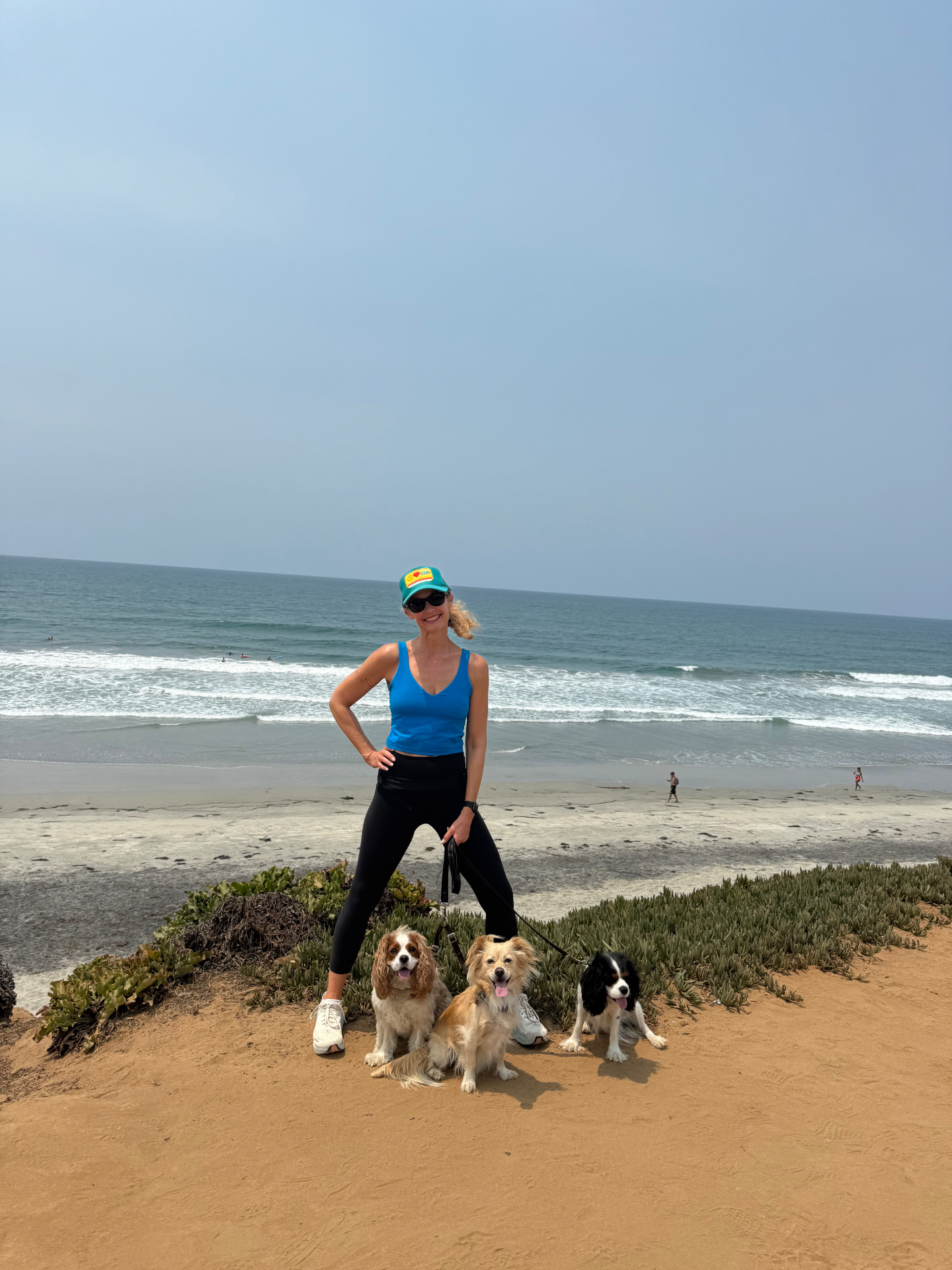 A woman with three dogs on a sunny beach